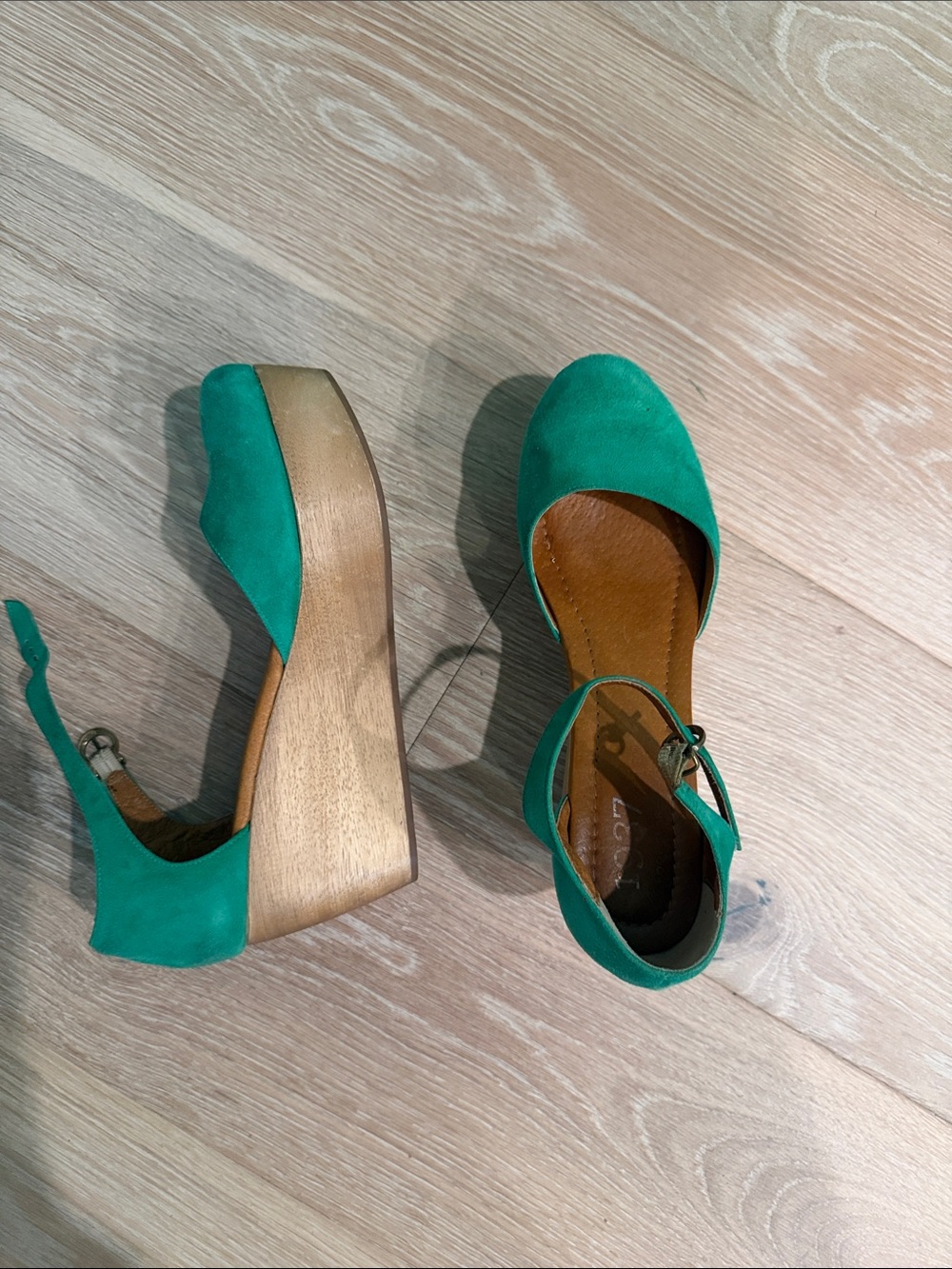Madewell Teal Suede Wood Wedge Sandals